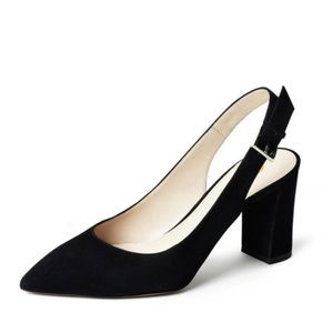 Pointed Toe Suede Slingback Chunky Heel Pumps